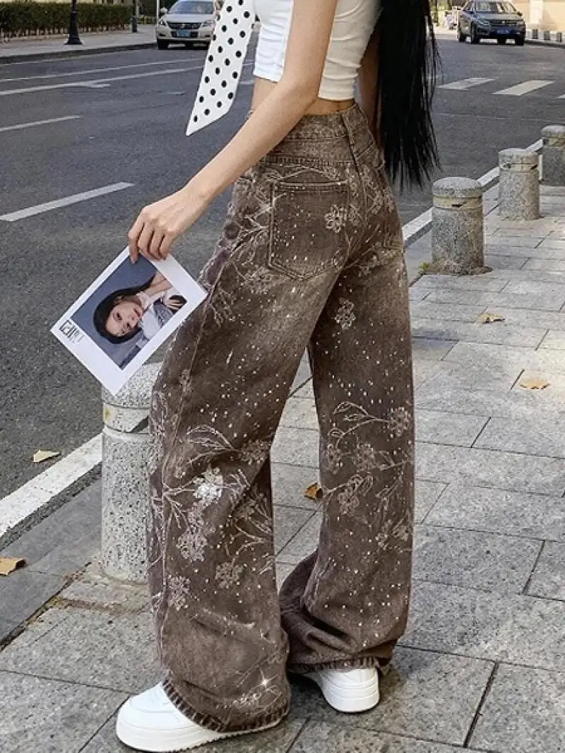 Y2K Wide Leg Pants Women Spring Autumn Starry Sky High Waist Hot Diamond Loose Versatile Curved Knife Floor Dragging Jeans