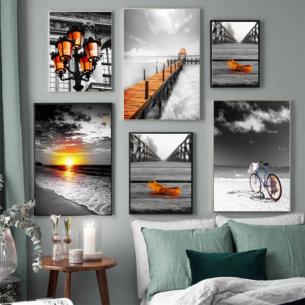 

Retro art street lamp landscape Canvas painting seaside sunset poster office wall painting living room home decoration mural
