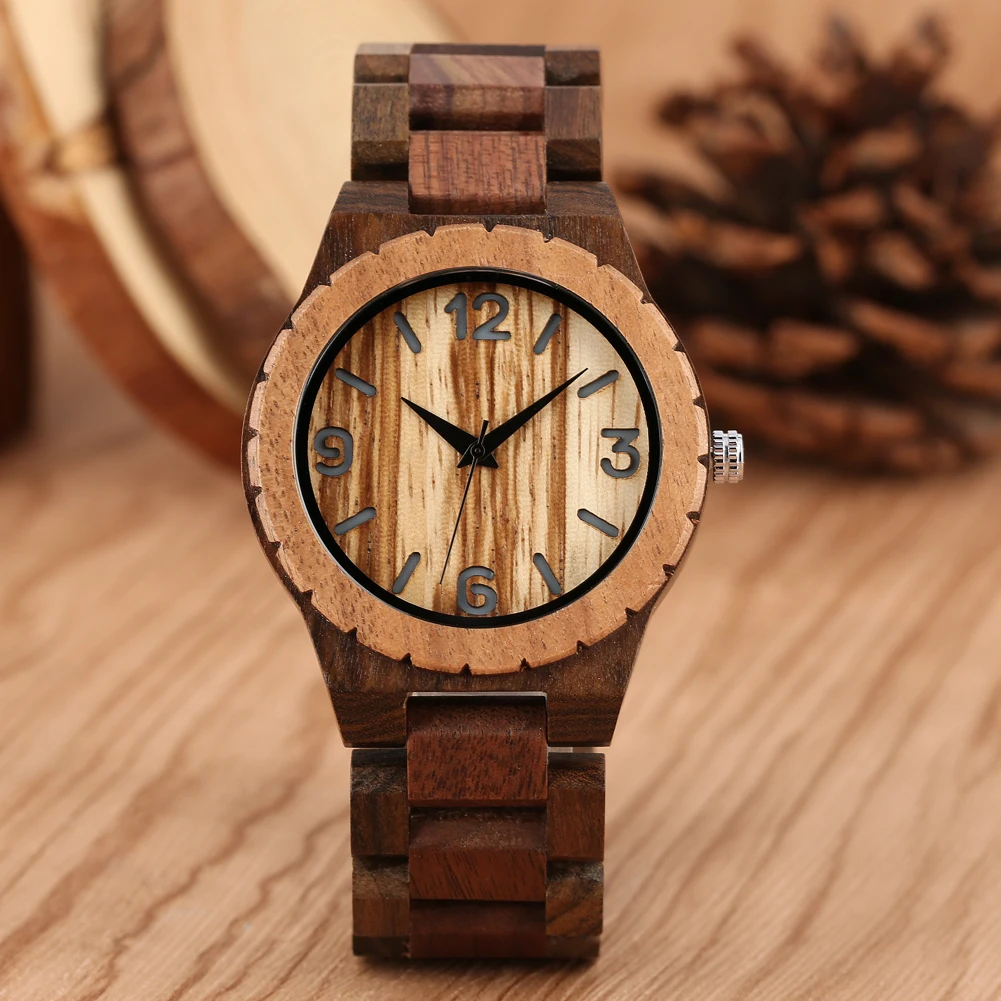 Coffee Brown Walnut Wood Men\'s Watch Quartz Wristwatches Arabic Numerals Dial Vintage Stylish Male Wooden Bangle Timepiece Gift