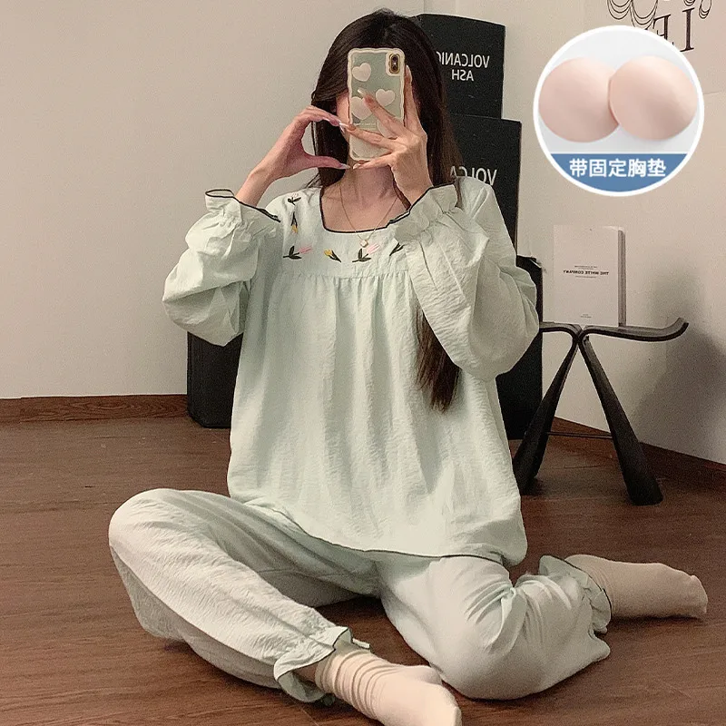 Spring Autumn Women Chinese-style Pajamas Chest Pads Long-sleeve Lace Loose Homewear Girls Students Casual Homewear Women Teen