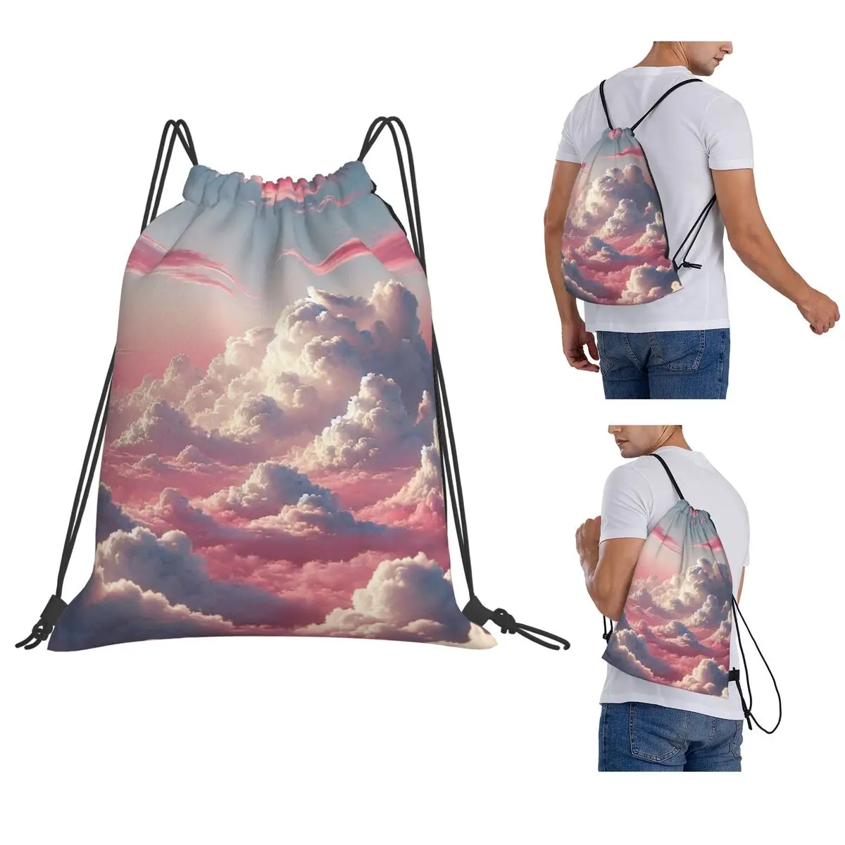 Mochilas grandes con diseño de cielo de nubes rosas, bolsas multifuncionales con cordón, bolsas para zapatos, bolsas para libros, para viajes y escuela