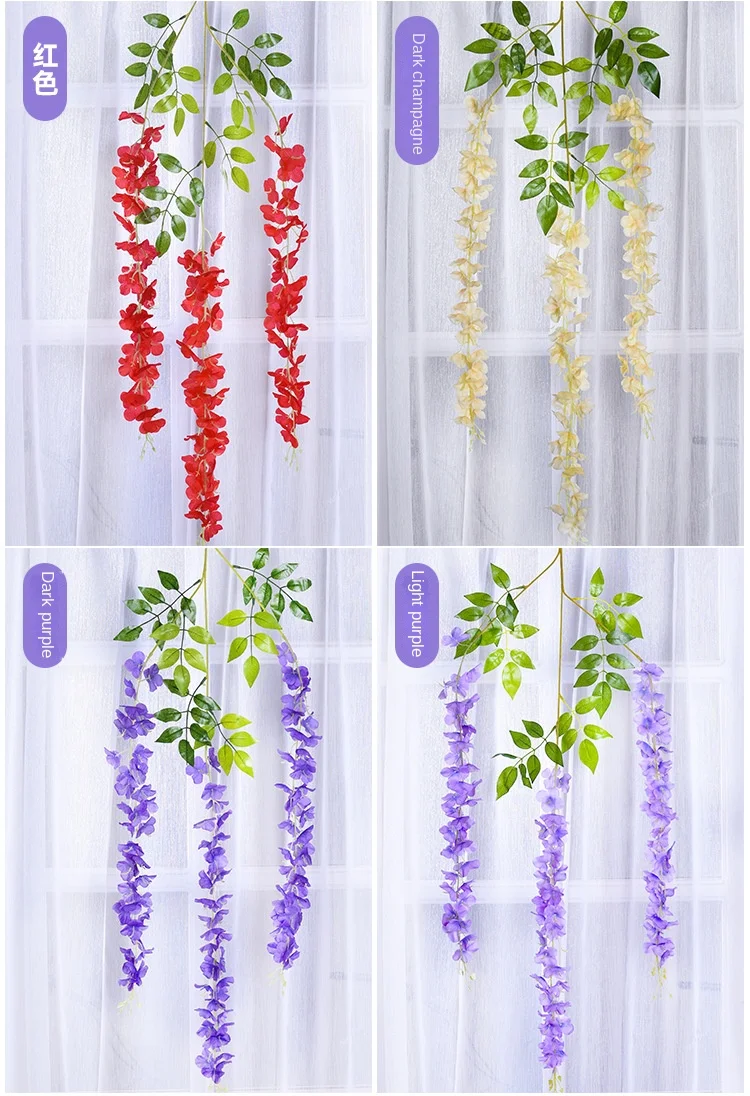 Glyzinienranke, künstliche Blumen, Großhandel, 110 cm, nachgestellte gefälschte Blumenschnur für Zuhause, Hochzeit, Party, Dekoration, Seiden-Glyzinien-Girlande – Detail 6