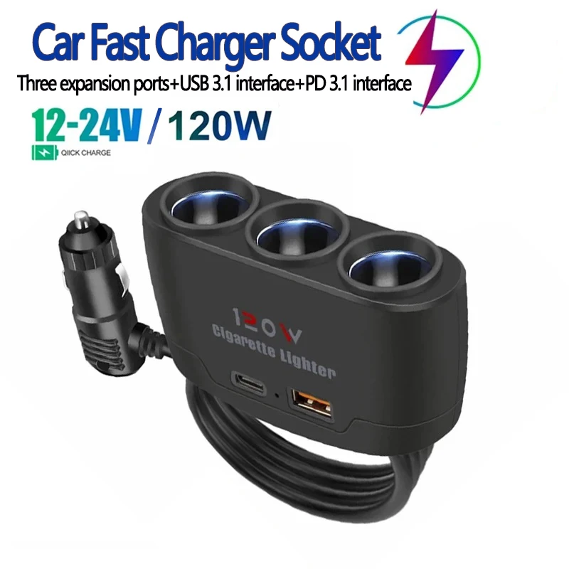 

120W PD USB 3.1 Car Multi Ports Fast Charger Splitter DC 12V 24V Auto Cigarette Lighter Adapter Phone Plug Socket Power Adapter