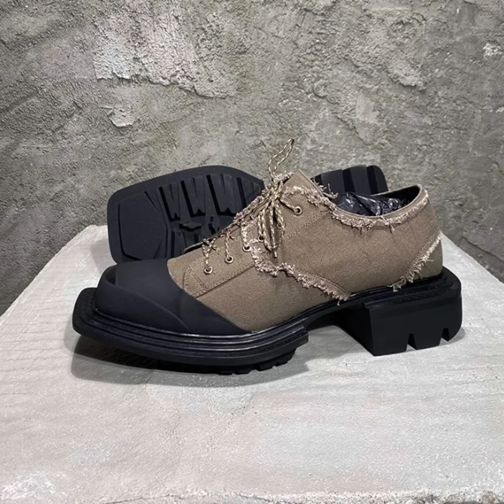 

Women's Beige Distressed Lace-Up Single Shoes Black Toe Cap Chunky High Heel for Height Increase Fashionable Lady Shoes