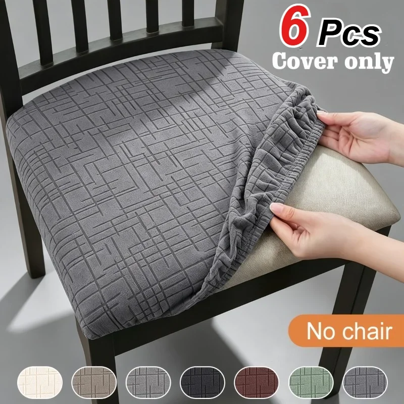 6PCS Simple Line Jacquard Polar Fleece Dining Chair Cover Elastic Fit Chair Cover Easy to Disassemble Wash, Suitable All Seasons
