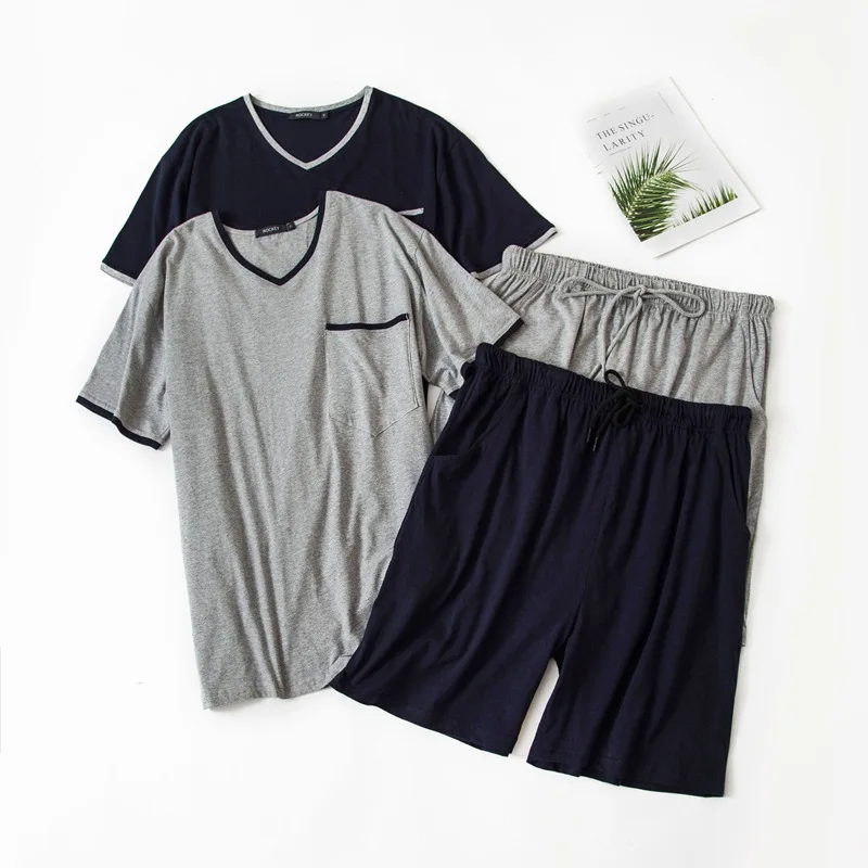 Summer Men Casual Pajama Sets 100% Cotton Sleepwear Suit Male Short Sleeve V-neck Collar Two-piece Sets Men Hombre Clothes