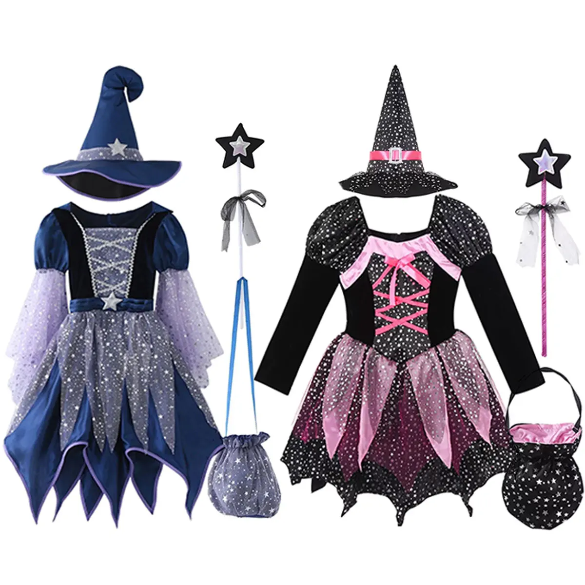 

2025 Classic Halloween Festive Dress Girls Cosplay Pink Cute Short Sleeve Witch Vampire Cute Dress + Hat + Magic Stick Bag Set