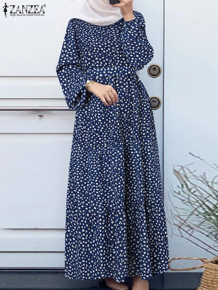 ZANZEA-vestido musulmán de Hijab turco para mujer, Vestido largo de Dubái con estampado Floral, Túnica Maxi de manga abullonada, moda de otoño