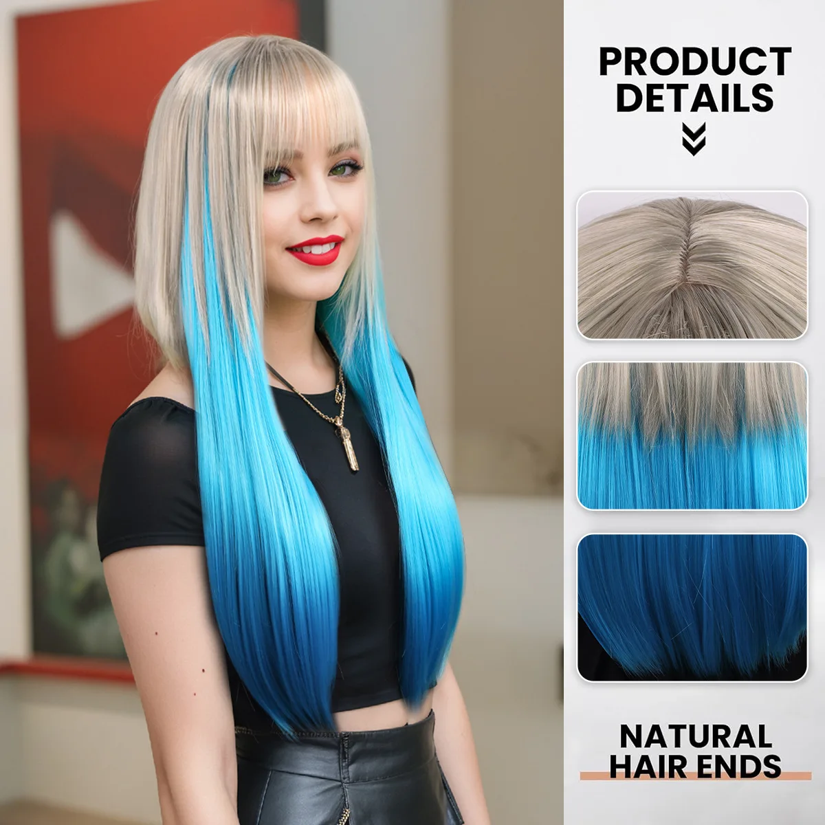 Cross border long straight bangs with gradient high temperature silk full head cover for Europe and America-Synthetic fiber wig