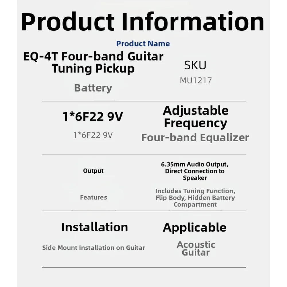 4 Band Acoustic Guitar EQ Tuner with Bass Middle Treble Presence Controls and Direct Output for Preamp Pickup Equalizer