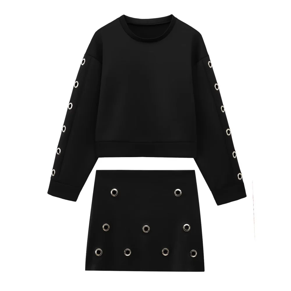 2025 BM&MD&ZA Women's Black Set Round - neck Sweatshirt with Eye - let Detailing on Sleeves Paired with Matching Mini Skirt