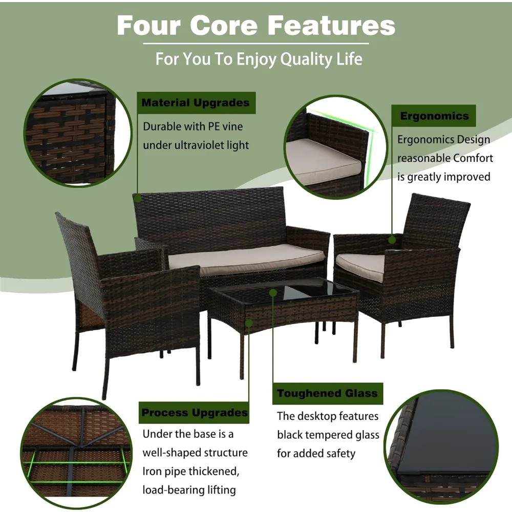 4 Pieces Patio Furniture Set Rattan Outside Furniture Wicker Sofa Garden Conversation Sets with Soft Cushion and Glass Table for image 4