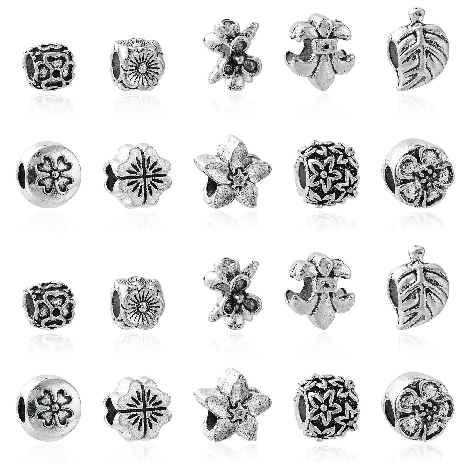 

60Pcs 10 Styles Tibetan Style Flower European Beads Antique Silver Floral Spacer Beads for Bracelet Necklace Jewelry Making