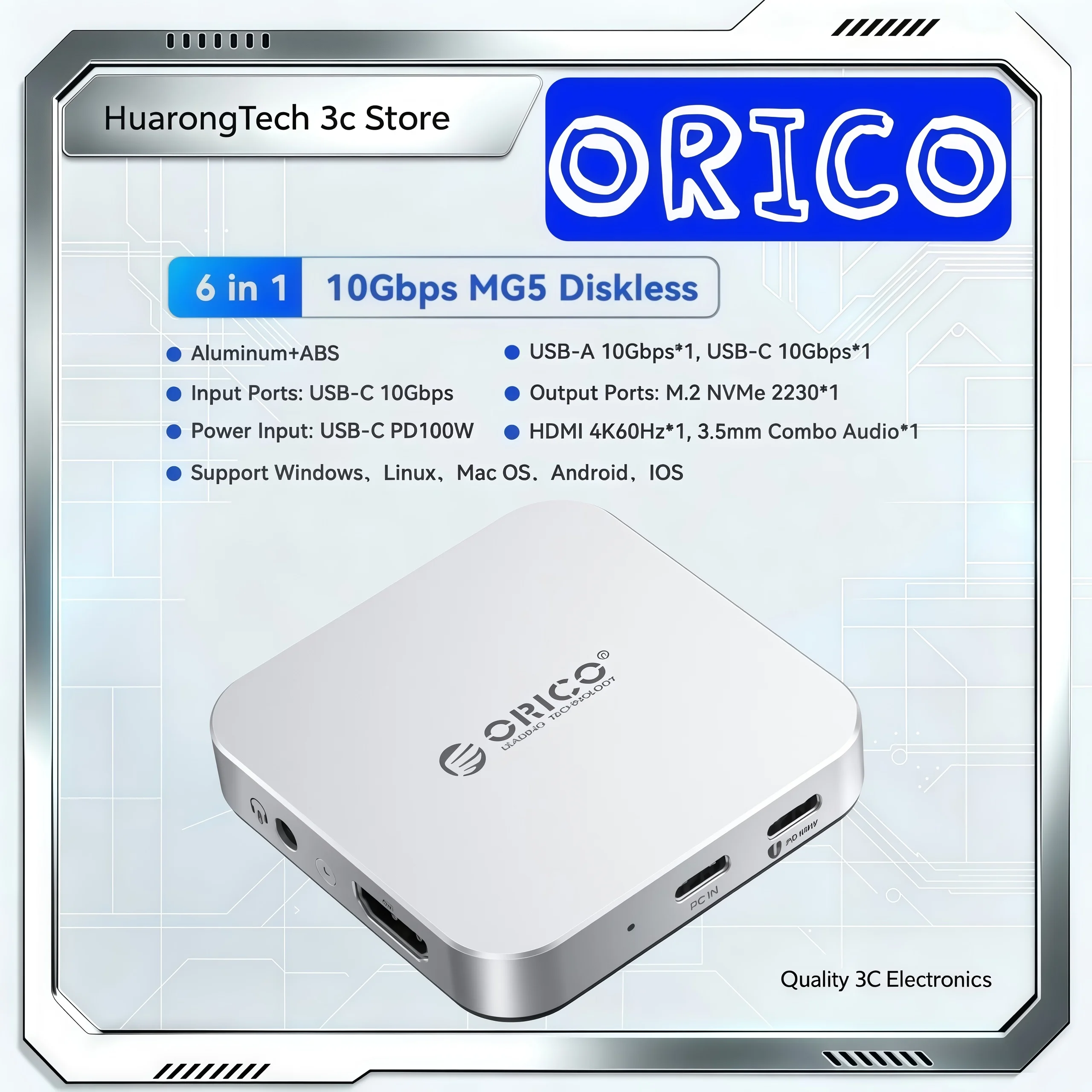 ORICO Magnetic USB C HUB 10Gbps M.2 SSD Enclosure 4K60Hz HD SD/TF Card Reader PD 100W Charger Magnetic Docking Station For Phone