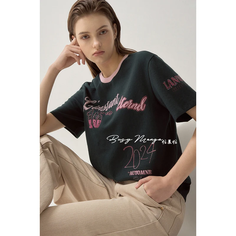 

Футболка из хлопка для похудения, круглая, с вышитыми буквами, цветная блузка, повседневная, универсальная, корейская, для поездок на работу, Faion