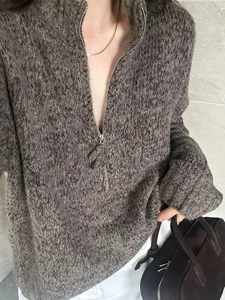 

Модный шерстяной вязаный свитер на молнии, свободный длинный све, утягивающий цвет, винтажный женский осенний топ