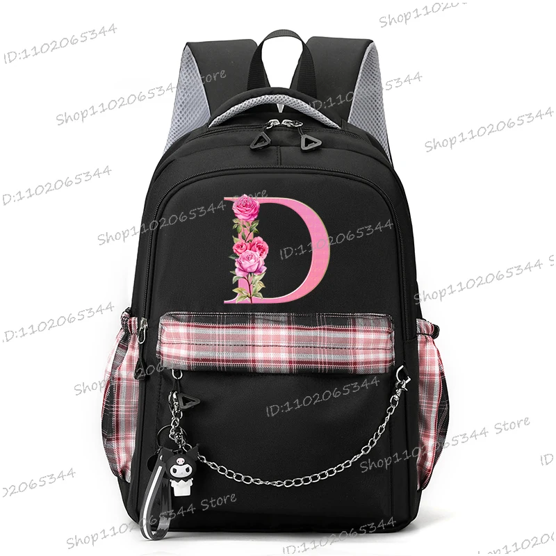Y2K Cool 26 Alphabet Flower Printed Large Capacity Schoolbag with Chain College Girls Backpack Waterproof Nylon Bookbag For Teen