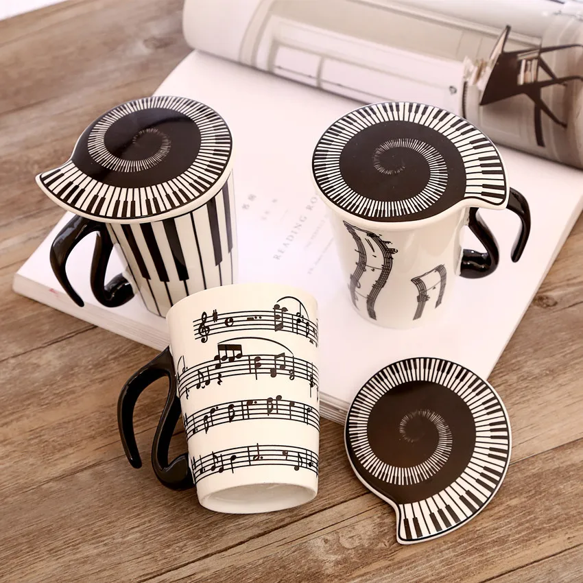 270ml Creative Ceramic Music Notes Mark Couple Keyboard with Cover Breakfast Tea Coffee Mug