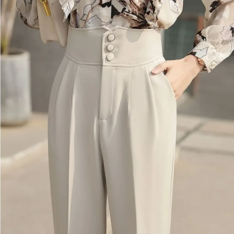 

Spring and Autumn Women's Solid Colors High Waist Slim Classic Fashion Halun Pants Button Casual Commuter Korean Trousers