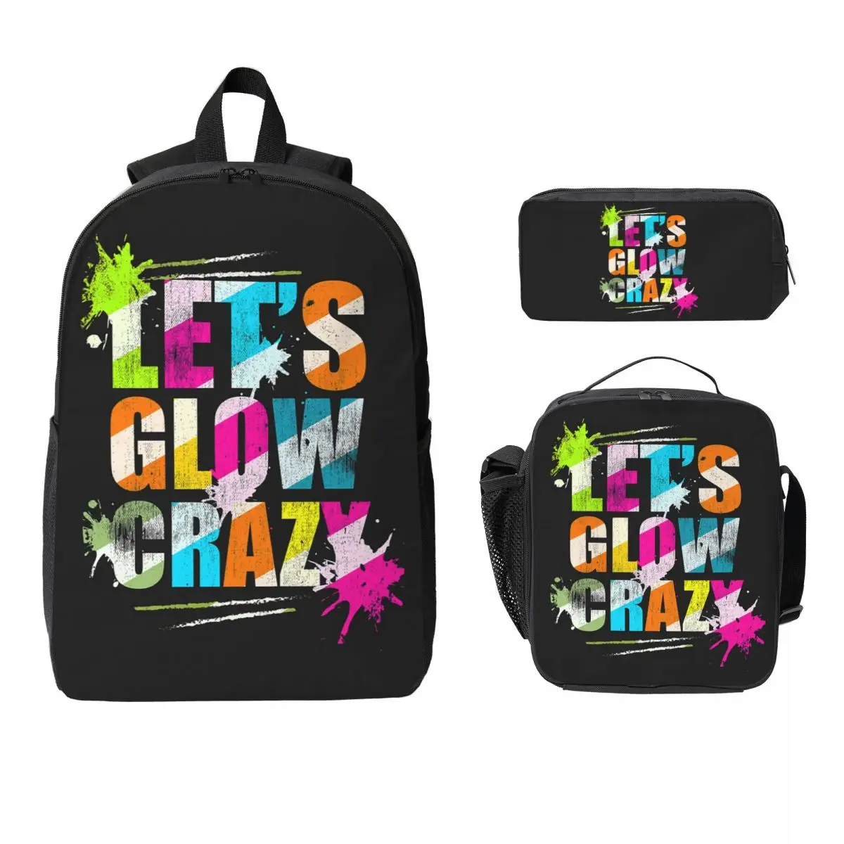 Let's Glow Crazy Neon Party Light Rave Backpack  BookBag School Bag Laptop Shoulder Bags 3ps Insulated Lunch Bag Pencil Case