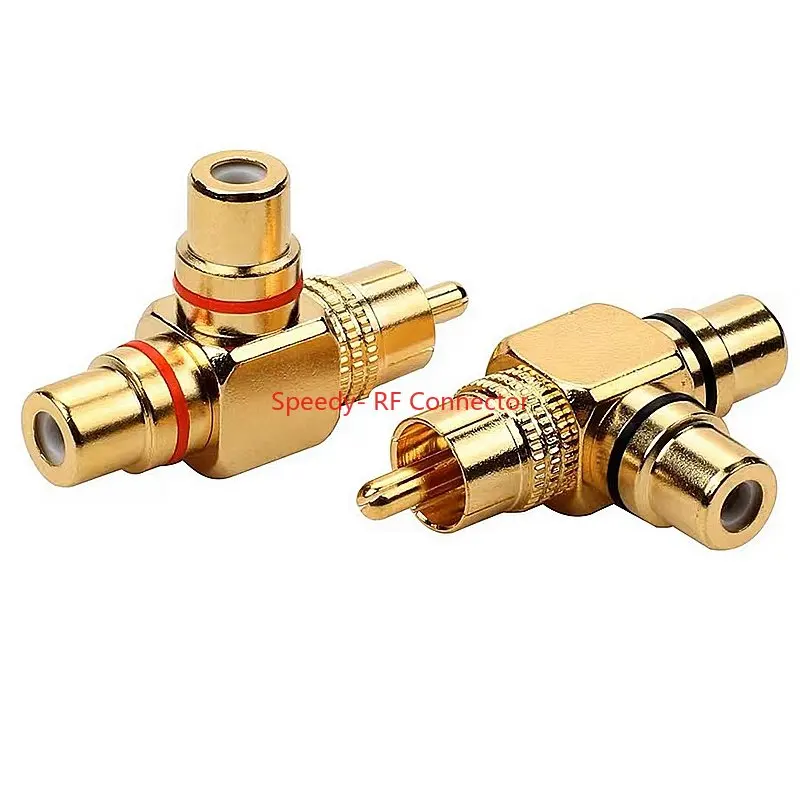 Conector RCA macho a RCA hembra Lotus, divisor Tipo T de 3 vías para AV, Adaptador convertidor de Audio y Video, Latón chapado en oro