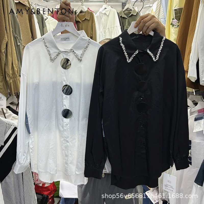 

New Autumn 2026 Stylish Denim Patchwork Blouse Rhinestones And Tassels Loose Long-sleeved Blusas Women's Y2k Cool Design Shirt