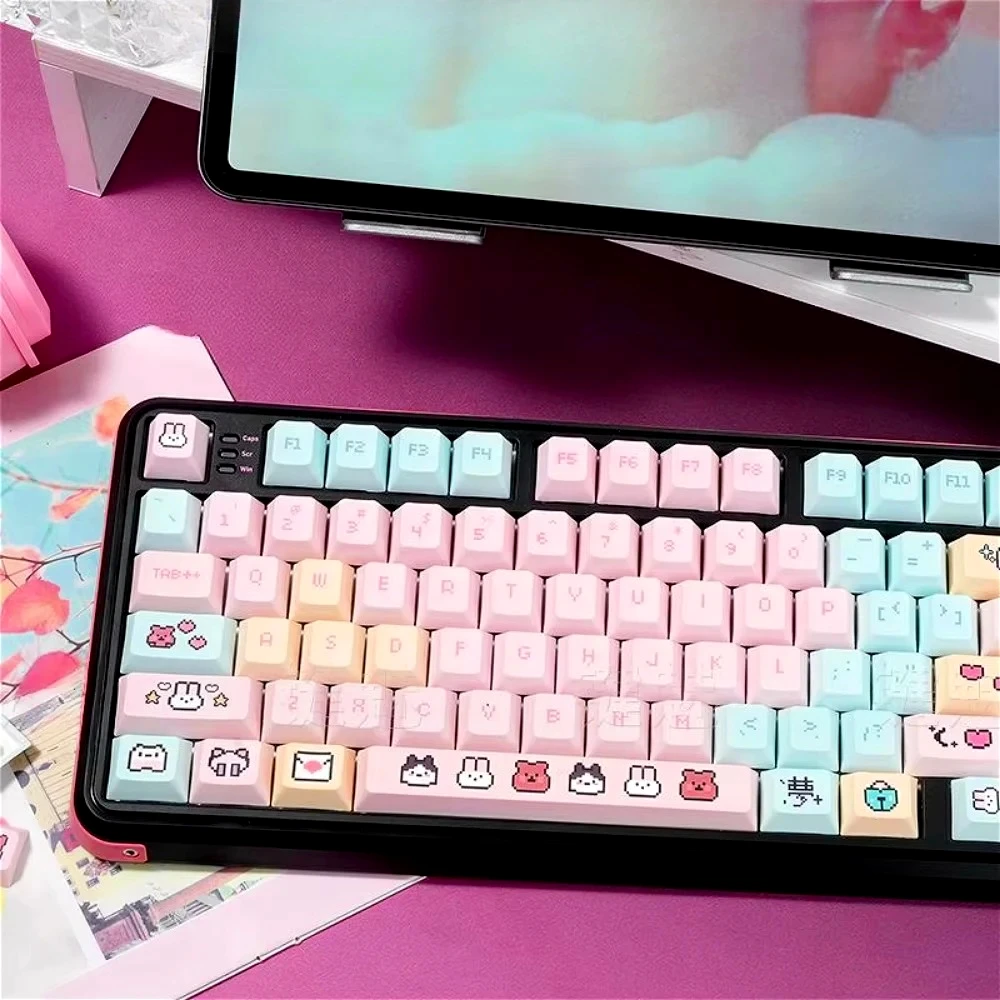 

134 Key PBT Cute Cartoon Keycap Thermal Sublimation Cherry Contour Keycap Set Pixel Baby Pink for MX Mechanical Keyboard