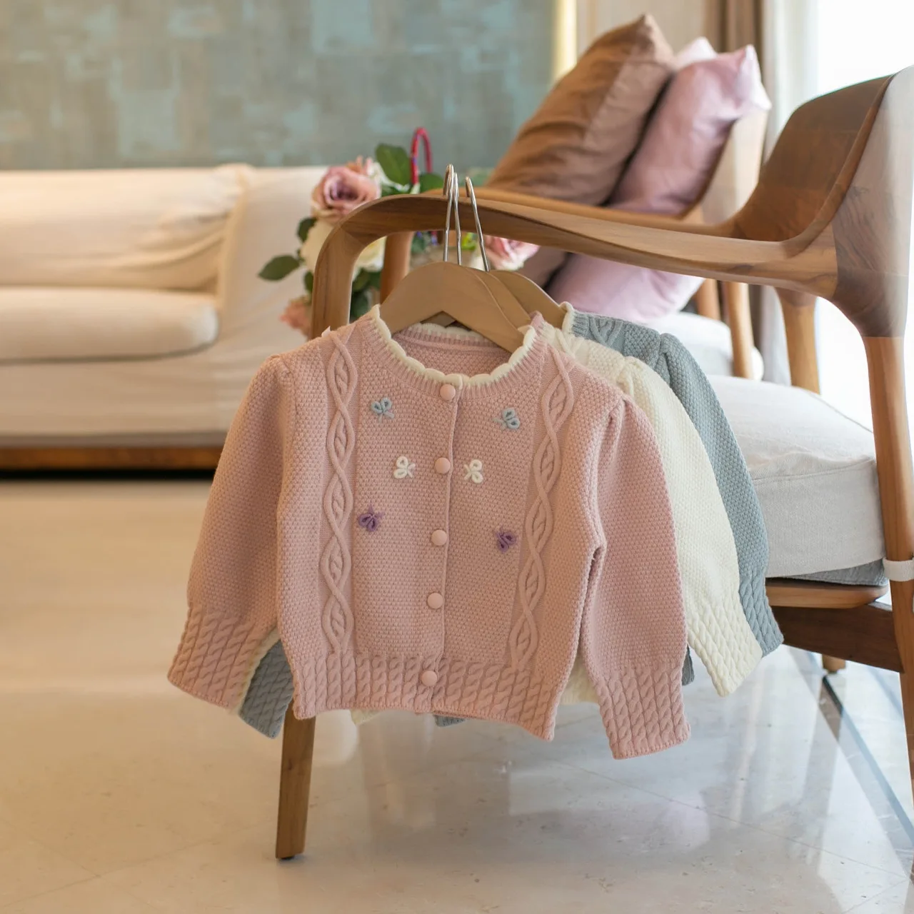 Spring and Autumn Sweet Girl Sweater Cardigan Girls' New Fried Dough Twists Bow Sweater Cardigan