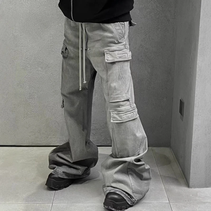 

High Street Men's Pants Washing Design Jeans Owens Cargo Pants for Man Pockets Full Length Light Blue Men's Clothing