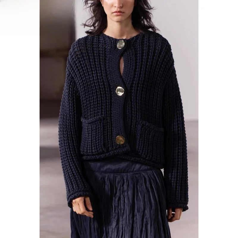 

Spring 2024 Faion Women's Knitted Hollow out Long Sve round Ne Sweater Slimming Woven Design Polyester Fiber Cardigan