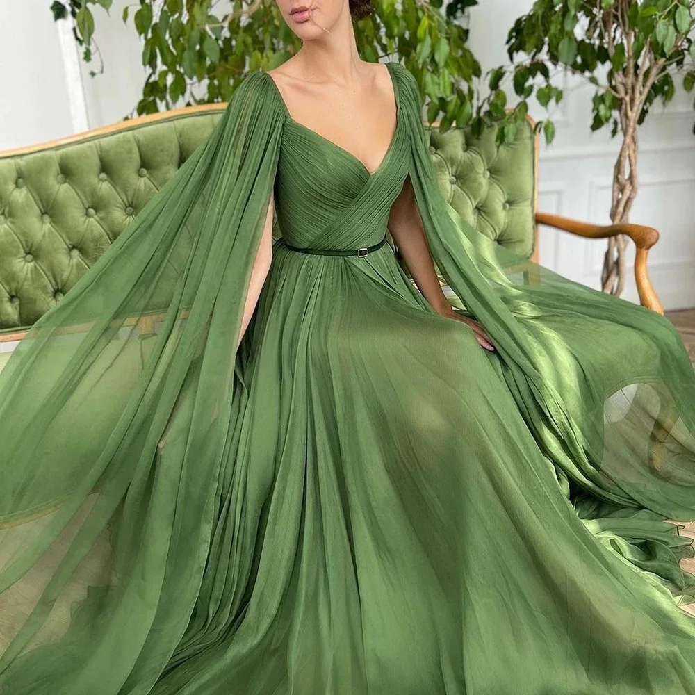 Eleganti abiti da sera in Chiffon con scollo a v senza maniche laterale con spacco alto abito da festa lungo semplice pieghe Sweep Train Prom Gown Vestidos