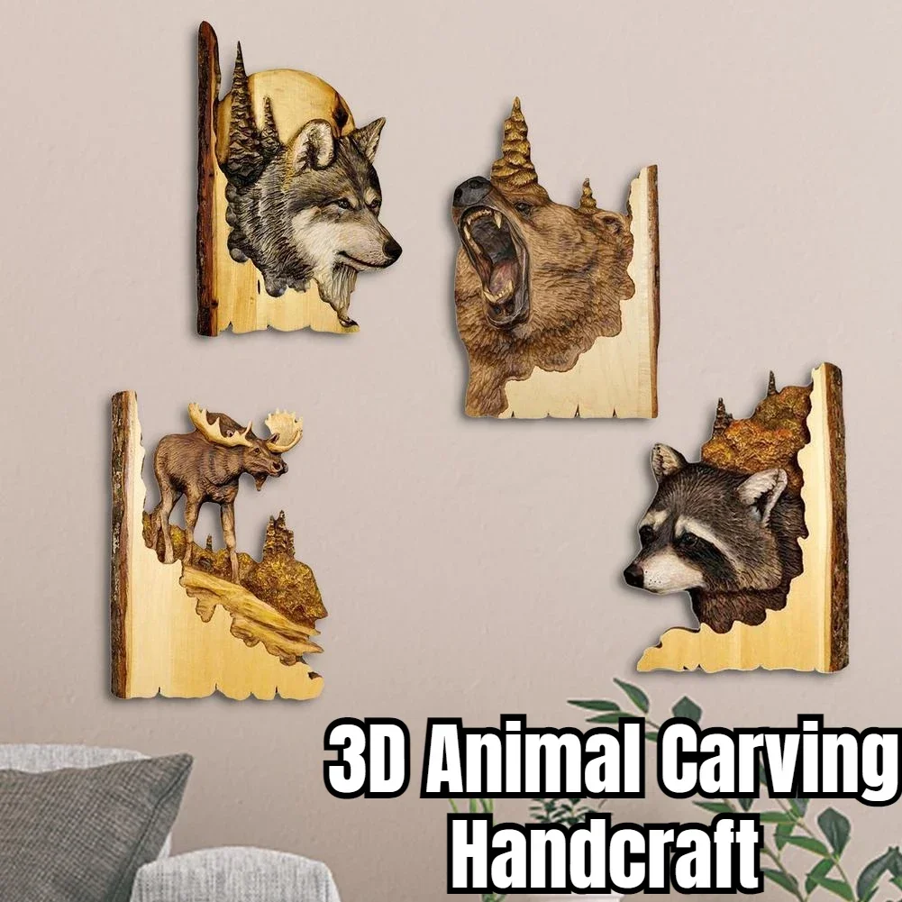 3D Animal Carving Handcraft Wall Hanging Sculpture Raccoon Wolf /Eagle/Bear/Deer Hand Painted Decorations for Home Living Room