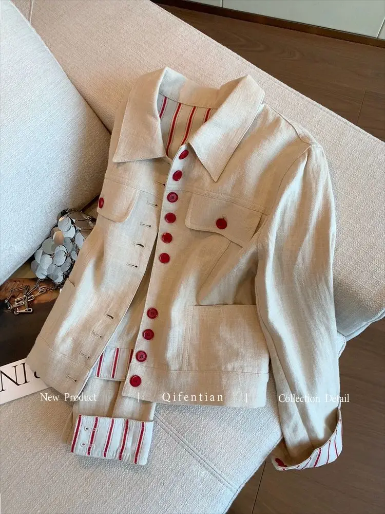 

Striped Spliced Linen Short Jacket Women's 2026 Autumn New High-end Fashion Casual Top