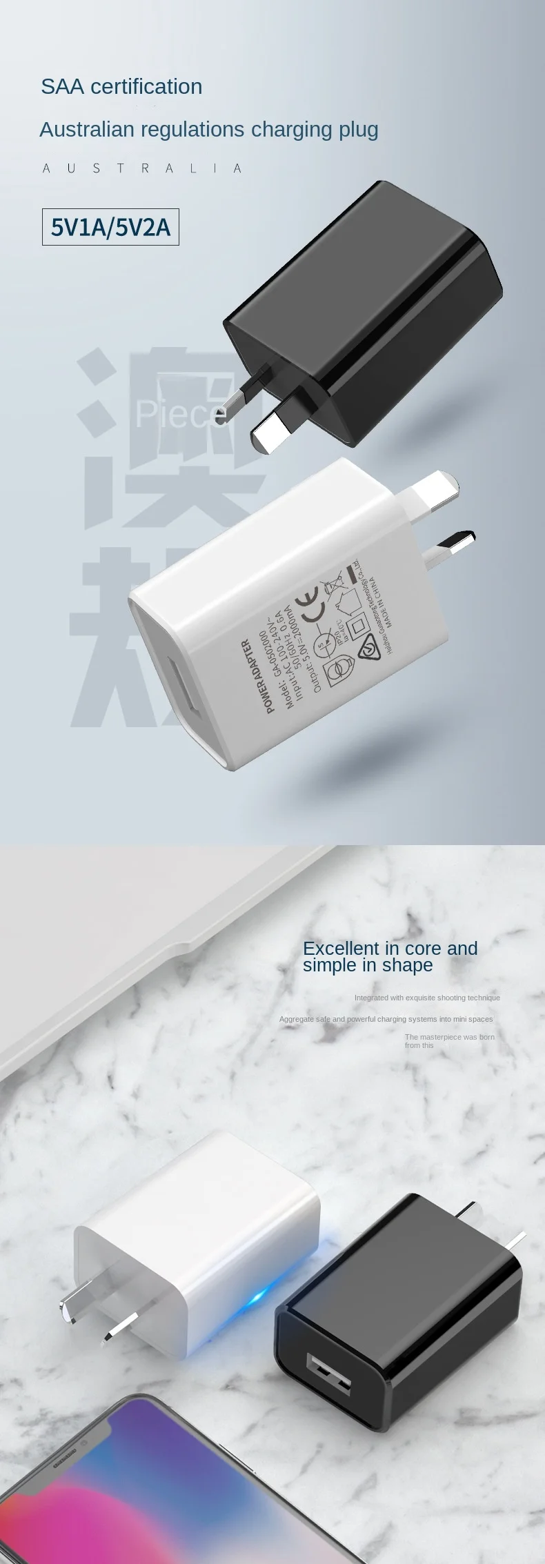 Australian Adapter 5V 1A 2A Fast Charging SAA Plug Mini USB Travel Wall Charger SAA Certified for Xiaomi Huawei Phone Charge