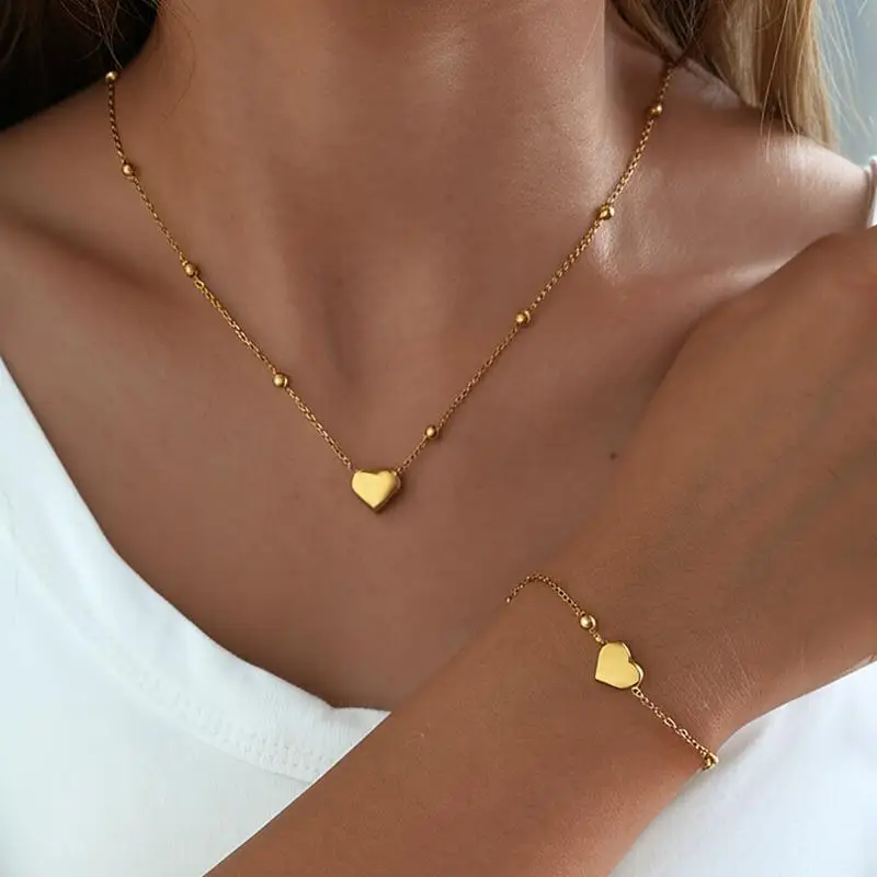 Stainless Steel Chain Necklace Bracelets Earrings For Women Girl Gold Color Heart Love Shaped New Fashion Non-fading Jewelry Set