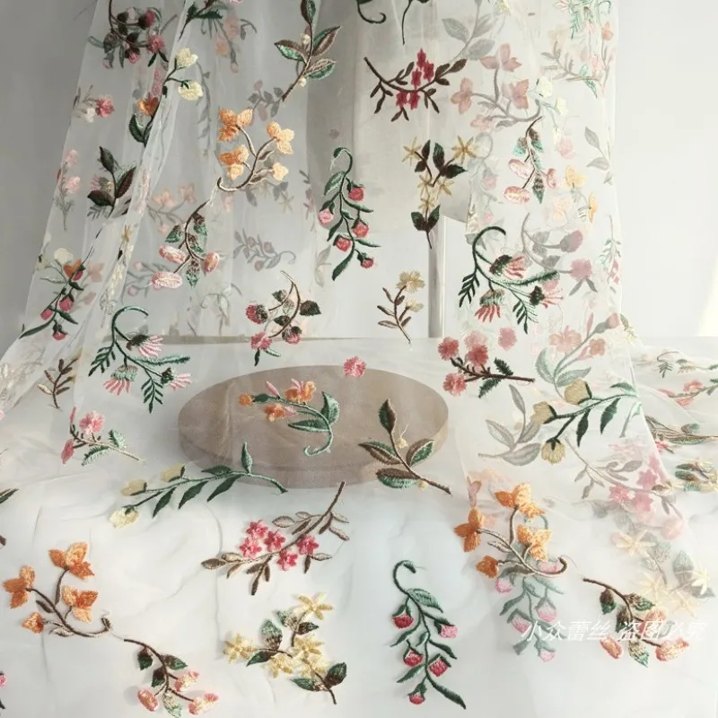 White Tulle Colorful Floral Leaf Embroidery Lace Fabric 130cm Width Sheer Mesh Cloth for Dress Gown Hanfu DIY Sewing Material