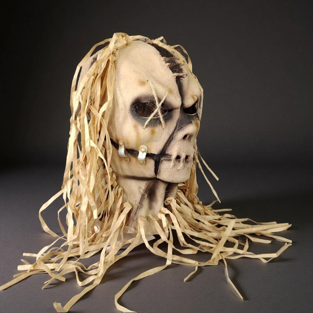 Máscara de espantapájaros espeluznante, cubierta facial de terror para Halloween, disfraz de látex de hombre de paja realista, accesorio para casa siniestra embrujada, tema de granja