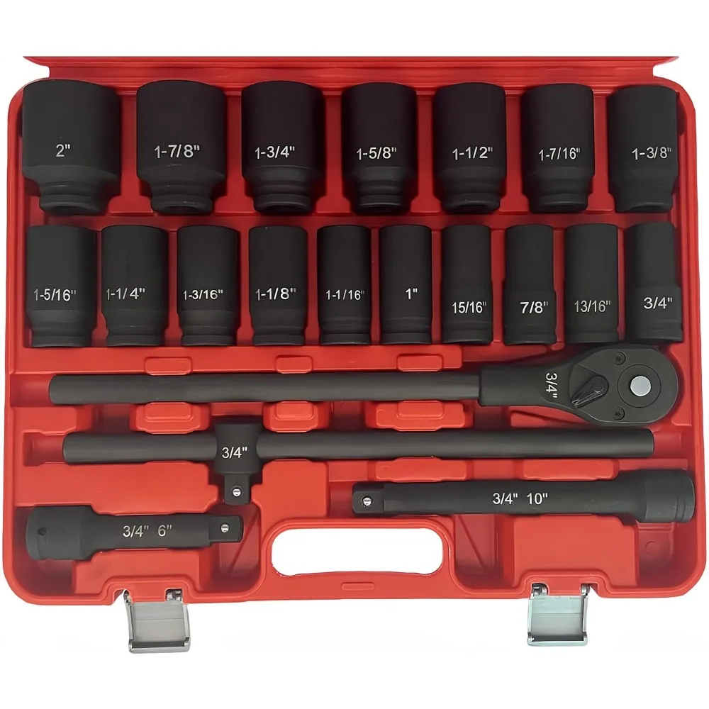 

Набор ударных головок с приводом 3/4 дюйма, 6 точек, размеры SAE (3/4 дюйма до 2 дюйма), 21 шт., сталь Cr-Mo, включает адаптеры и быстроразъемную проволоку с храповым механизмом.