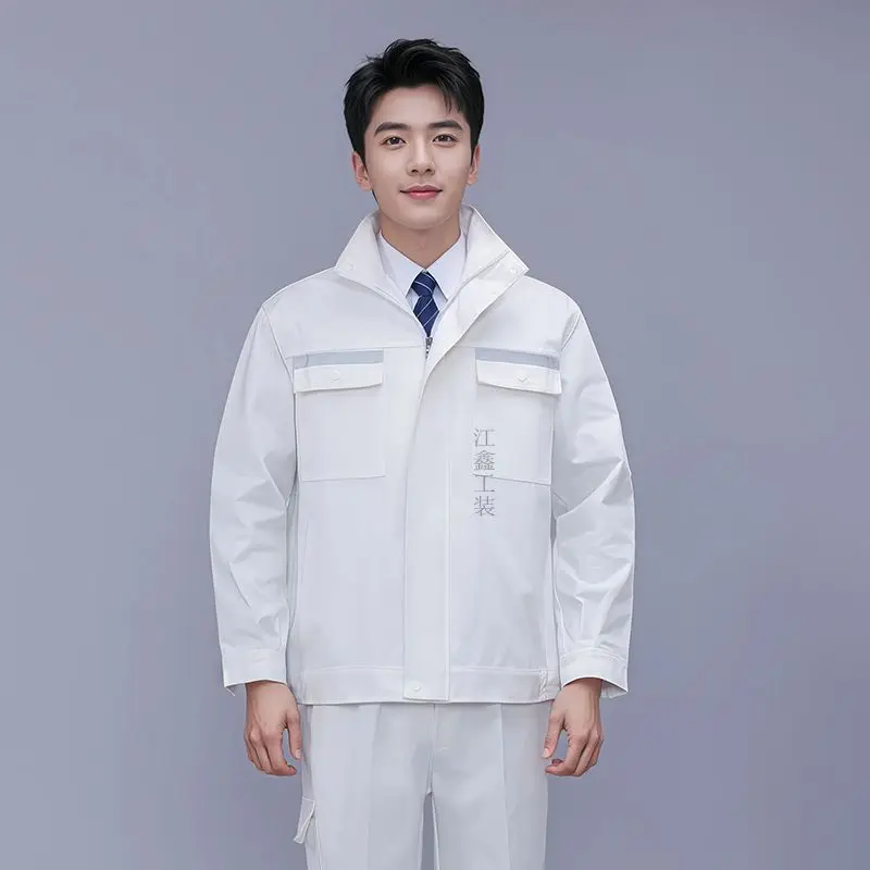 Unisex Canvas Workwear Set Reflective Stripe Stand Collar Welding Labor Uniform Thick Suit