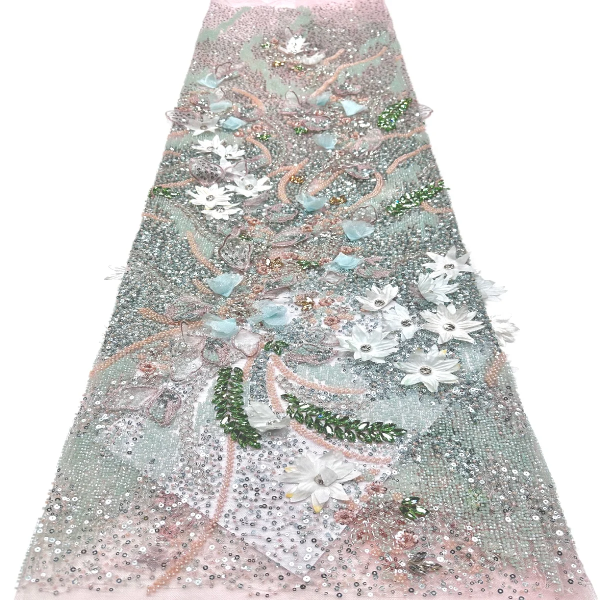 3D Flower Beaded Lace Fabric Turquoise Sequins Embroidery Tulle Fabric Crystal Rhinestone Mesh For Bridal Gown Party Dress