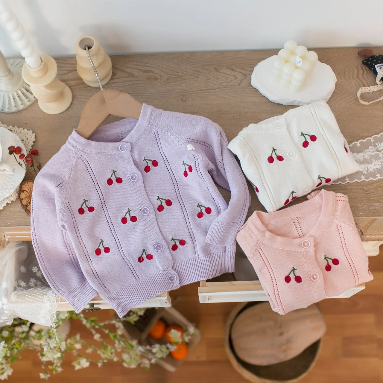 Baby Girls Spring Thin Soft Sweater Outerwear Cherry‑Embroidery Knit Cardigan Baby Kids Layering Top