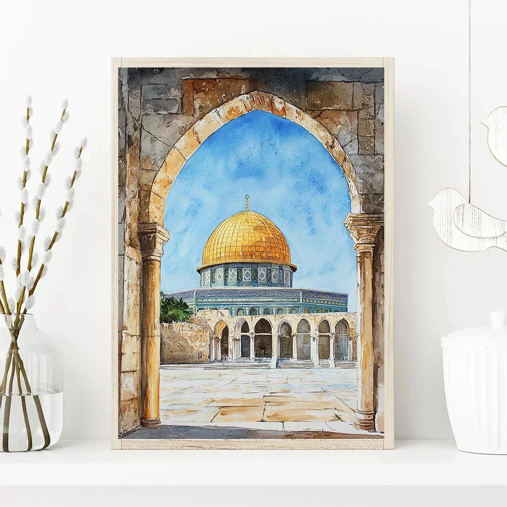 مسجد القرآن الكريم كابا قماش إسلامي المشارك الألوان المائية اللوحة الزخرفية الحديثة صور غرفة المعيشة ديكور المنزل كوادروس