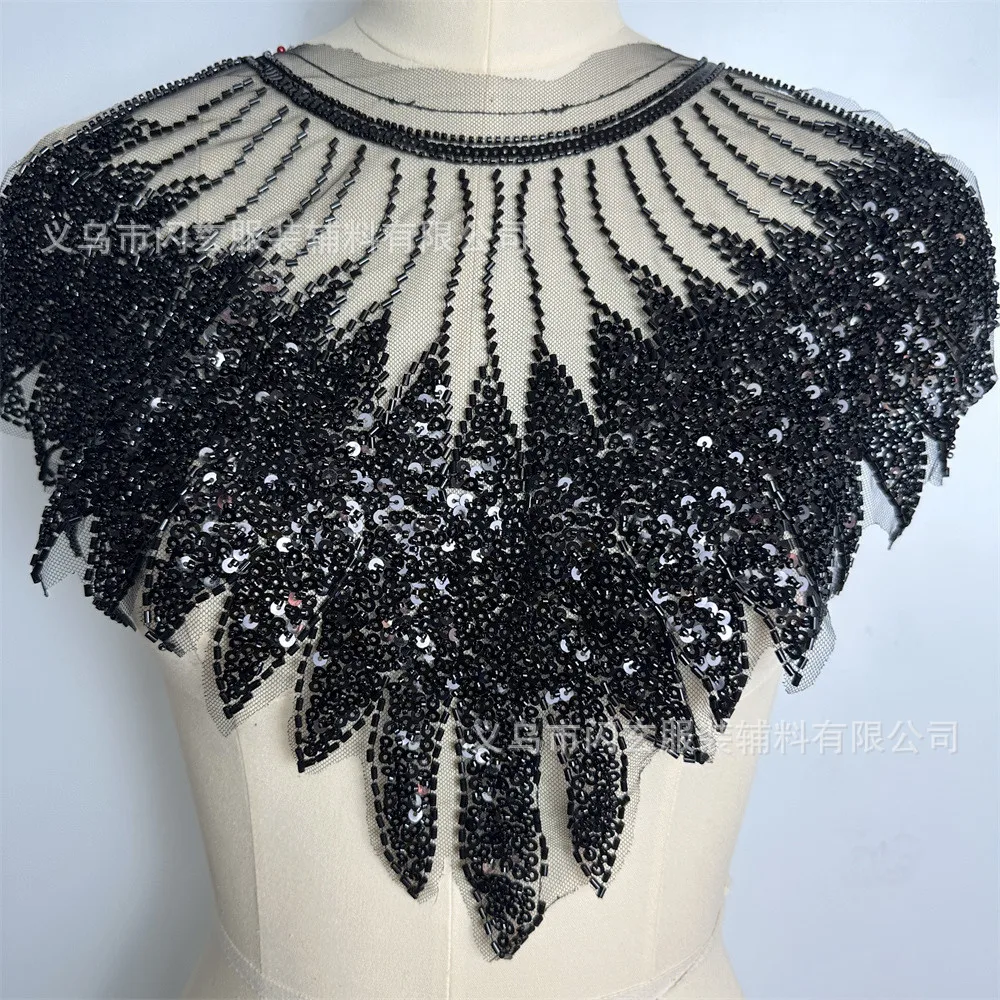 1 pezzo 39x50 cm maglia nero argento oro bianco ricamato con perline paillettes colletto in pizzo con scollo a V stile fata stile dolce