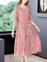Summer Pink Embroidery Floral Mulberry Silk Midi Dress Women Fashion Elegant Loose Waist Beach Dress 2023 Korean Casual Vestidos