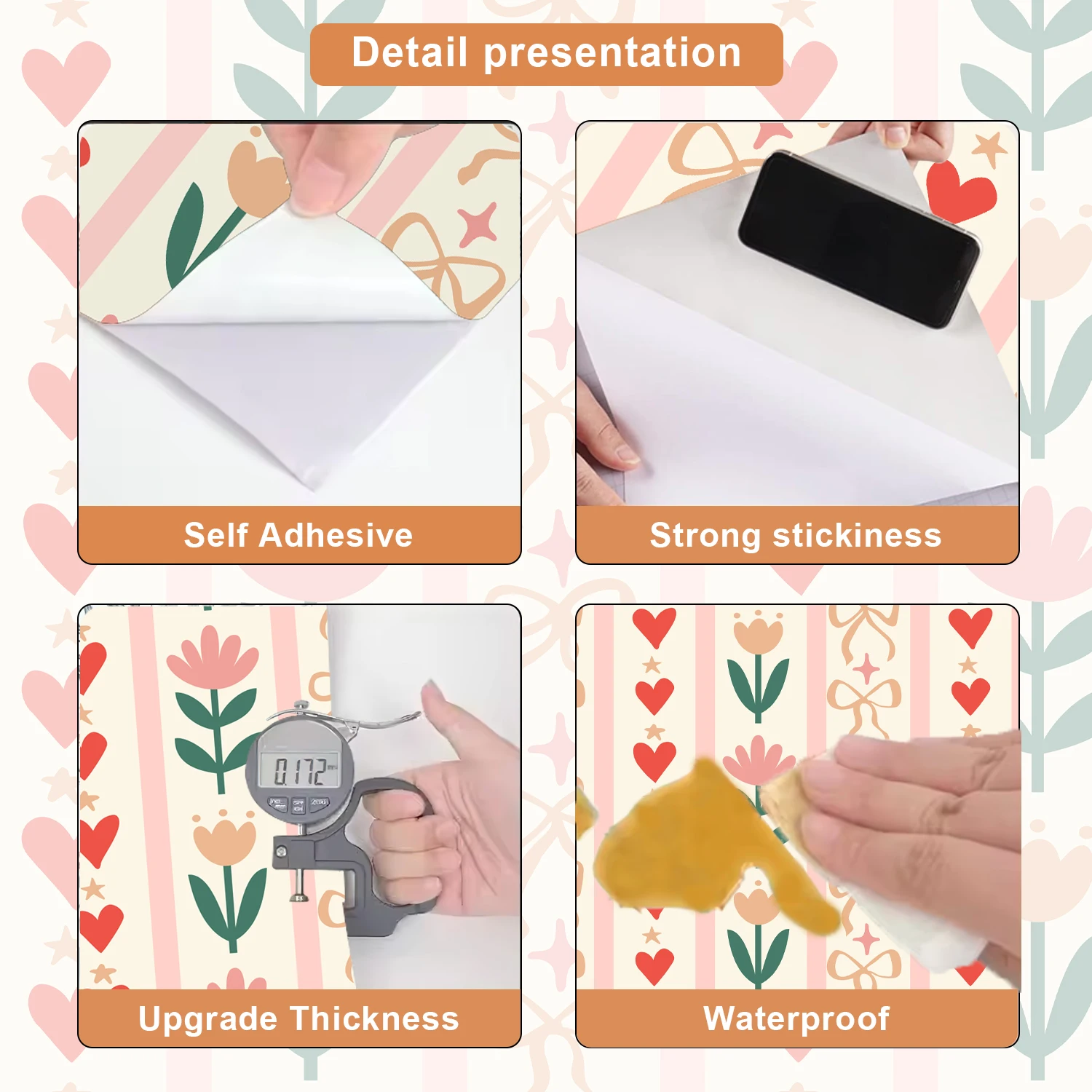 Floral Bow Heart Wavy Scalloped Wallpaper Nursery Decal Child Room Kids Room Girls Bedroom Waterproof Peel & Stick Living Decor