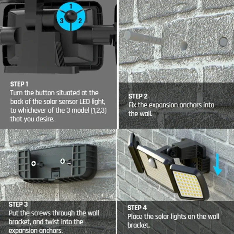 Lampu Luar Ruangan Tenaga Surya Remote Control 3 Kepala Lampu Sensor Gerak IP65 Tahan Air 270 Sudut Lebar Lampu Dinding Banjir dengan 3 Mode