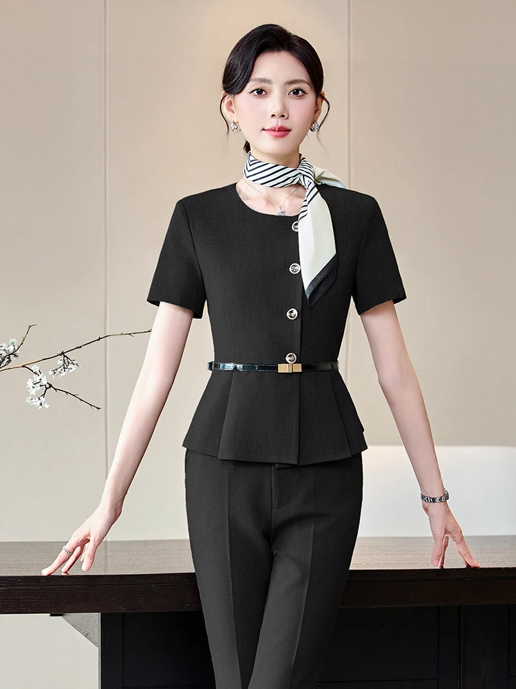 Women's Short Sleeve Suit Set Managerial Uniform for Beauty Salon And Jewelry Store Summer Professional Front Desk Workwear