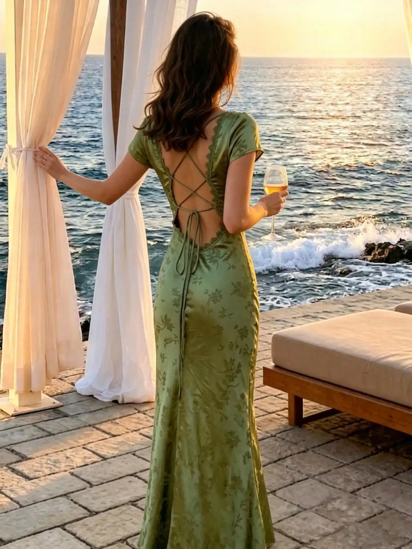 

Women Elegant Green Chic Stain Evening Long Slim Summer New Dresses Party Gown Bobycon Sexy Backless Female Vacation Lady Beach