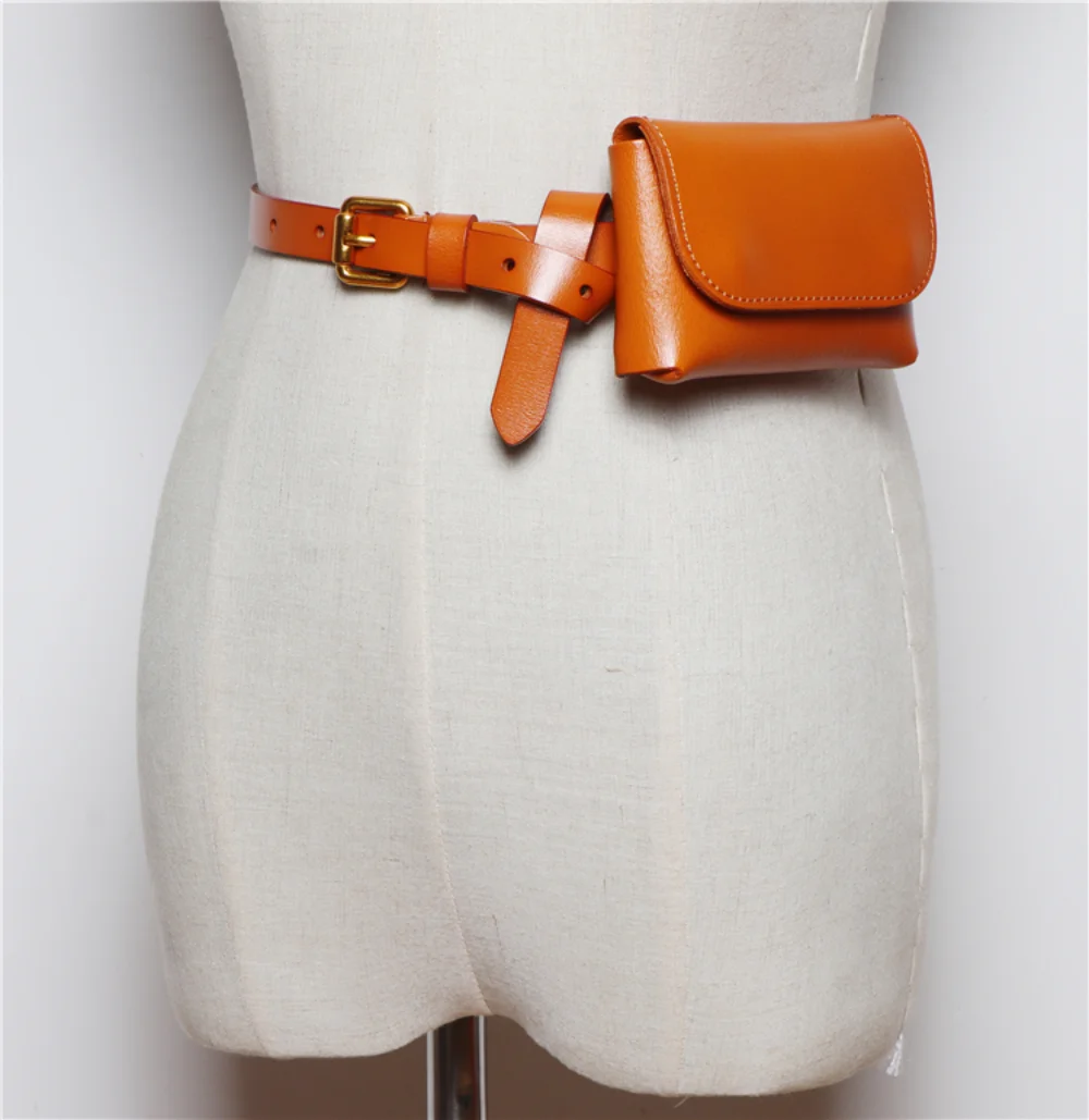 Genuine Leather Women\'s Thin Waistband Small Girdle Bag With Belt Korean Simple All-Match Decorative Dress Jeans Waist Belt