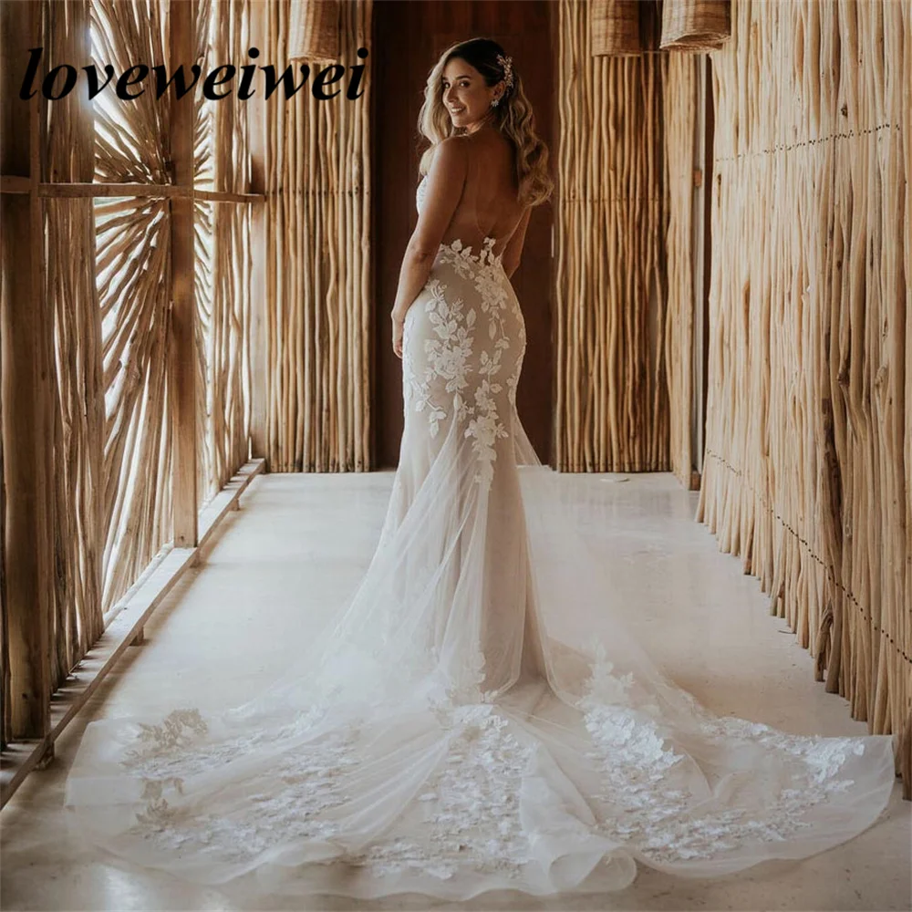 

Boho Mermaid Sweetheart Wedding Dresses Sexy Backless Bride Gown Lace Appliques Sweep Train Bridal Gowns Robe de Mariée